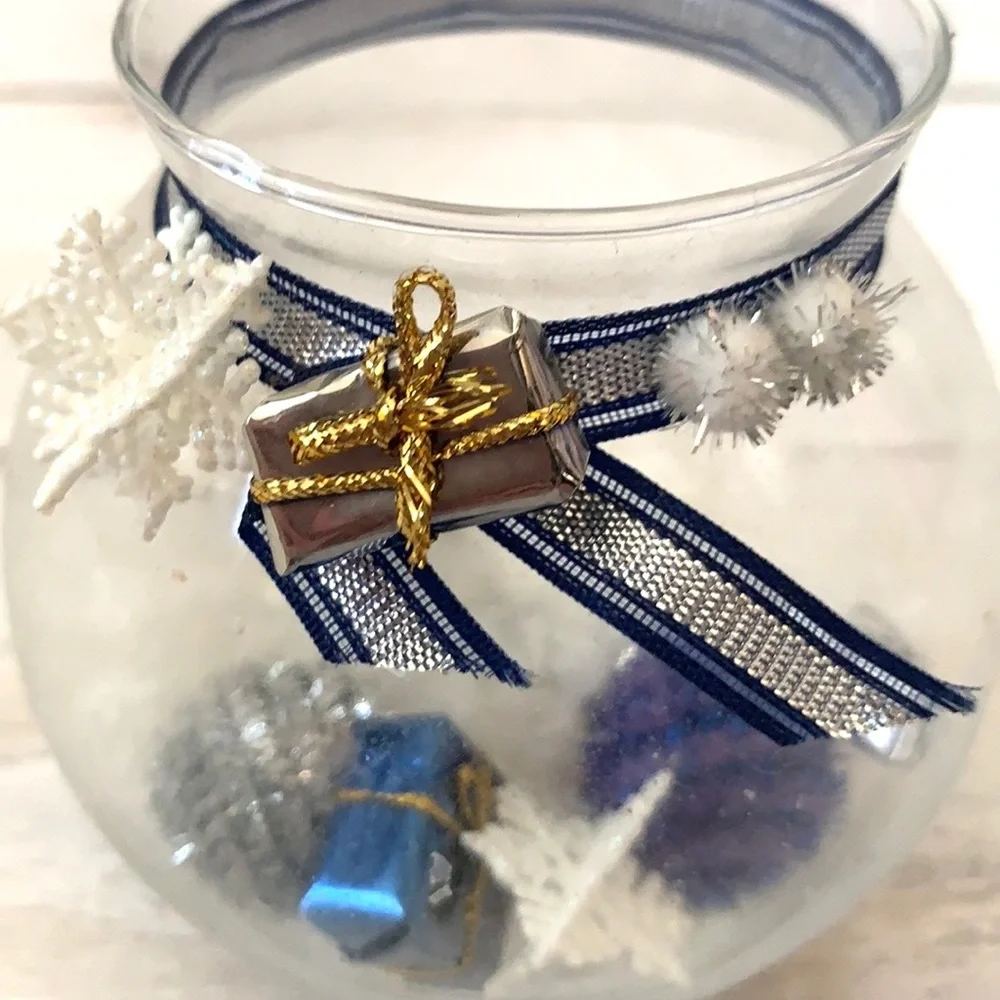 Winter Holidays Glass Candle Holder Home Decor Blue Miniatures Presents